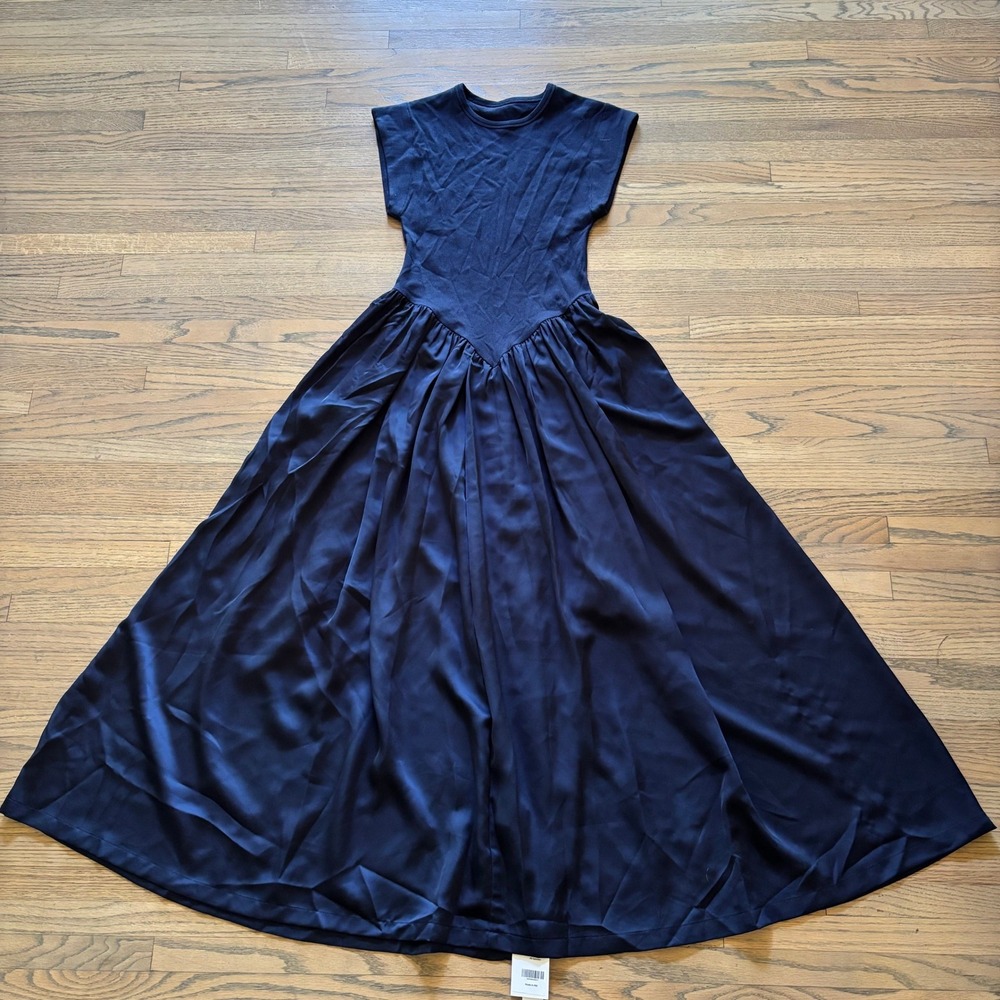 Ancosti Navy Blue Maxi Dress Small AN23SS5205 Ribbed Bodice Satin Skirt